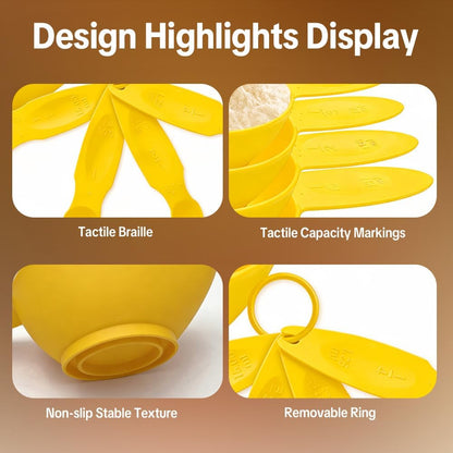 Yellow Braille Measuring Spoon & Cup Set - 8-Piece Nesting Cups & Spoons, Easy to Use for Braille & Sighted Users - Ideal for Baking, Cooking, Science Experiments & Home Use