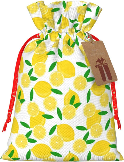 yellow Lemon and leaves Burlap Gifts Bag Reusable Gifts Pouch Drawstring Tote Mini Packaging with Card Fit Holidays Christmas Birthdays