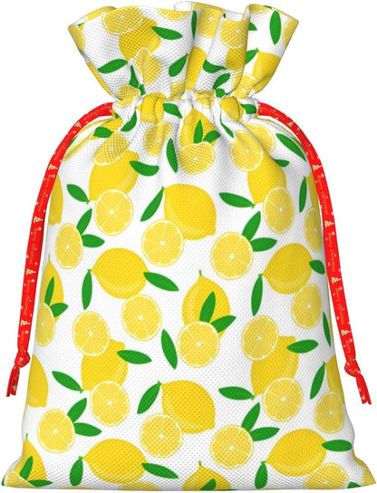 yellow Lemon and leaves Burlap Gifts Bag Reusable Gifts Pouch Drawstring Tote Mini Packaging with Card Fit Holidays Christmas Birthdays