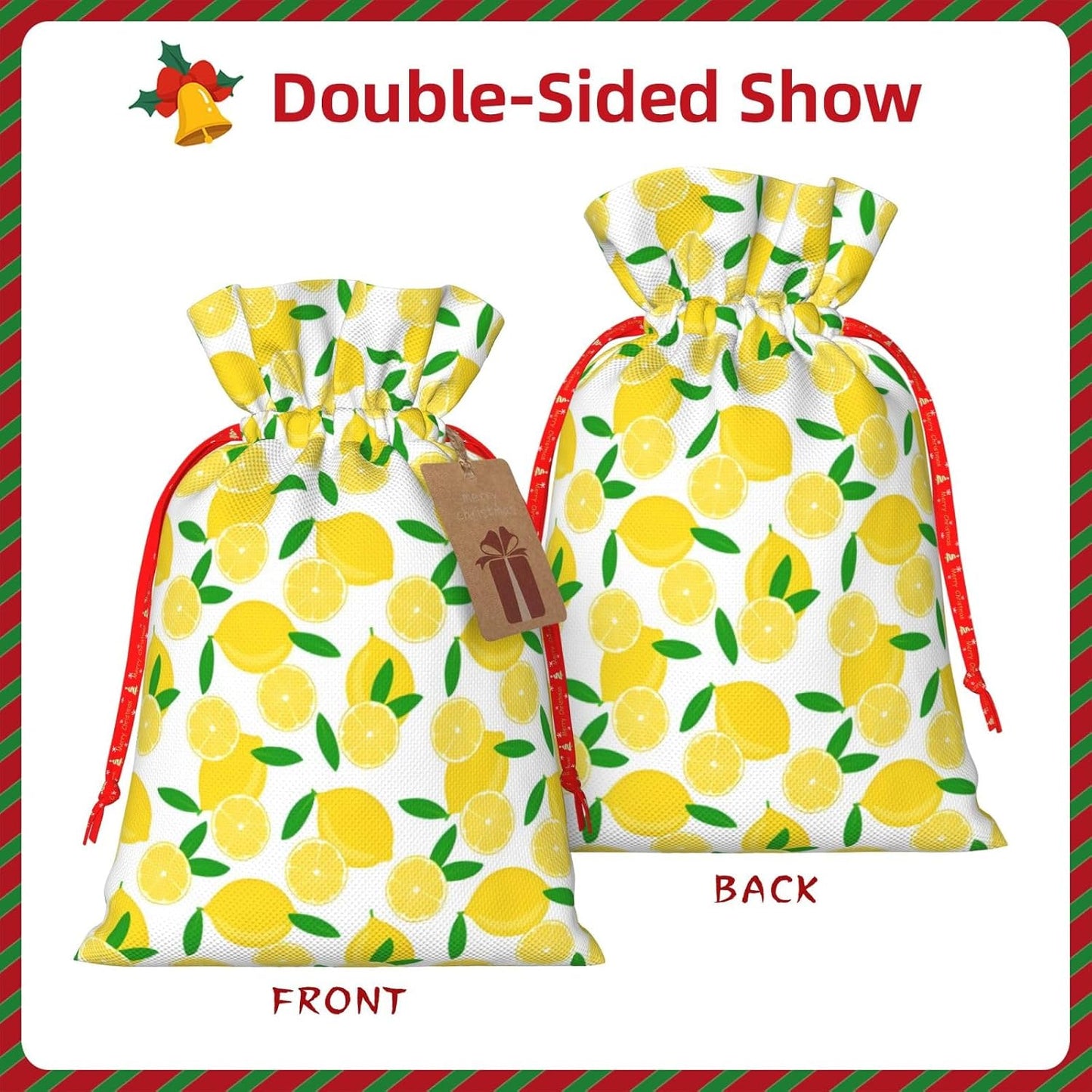 yellow Lemon and leaves Burlap Gifts Bag Reusable Gifts Pouch Drawstring Tote Mini Packaging with Card Fit Holidays Christmas Birthdays