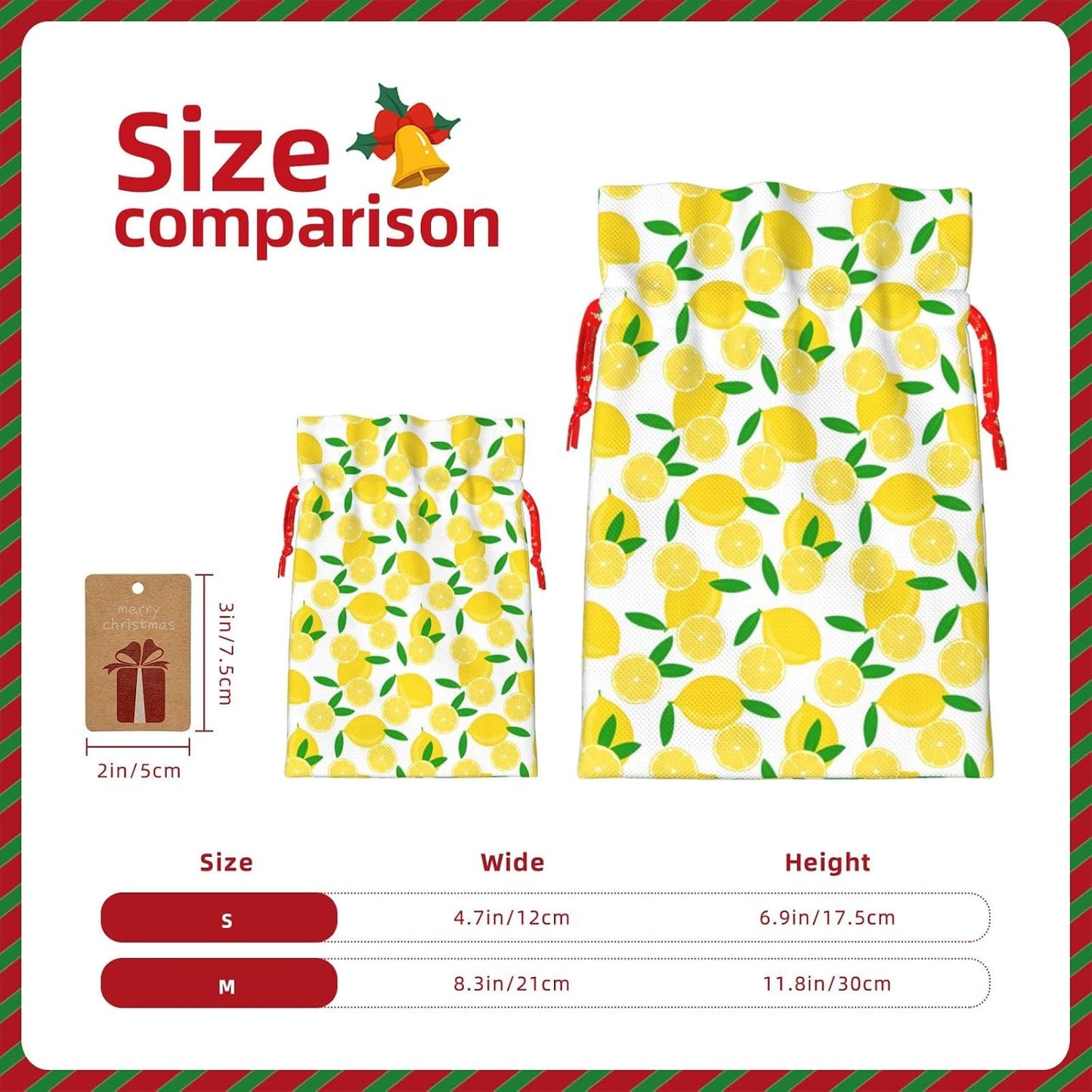 yellow Lemon and leaves Burlap Gifts Bag Reusable Gifts Pouch Drawstring Tote Mini Packaging with Card Fit Holidays Christmas Birthdays