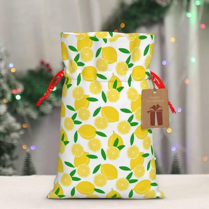 yellow Lemon and leaves Burlap Gifts Bag Reusable Gifts Pouch Drawstring Tote Mini Packaging with Card Fit Holidays Christmas Birthdays