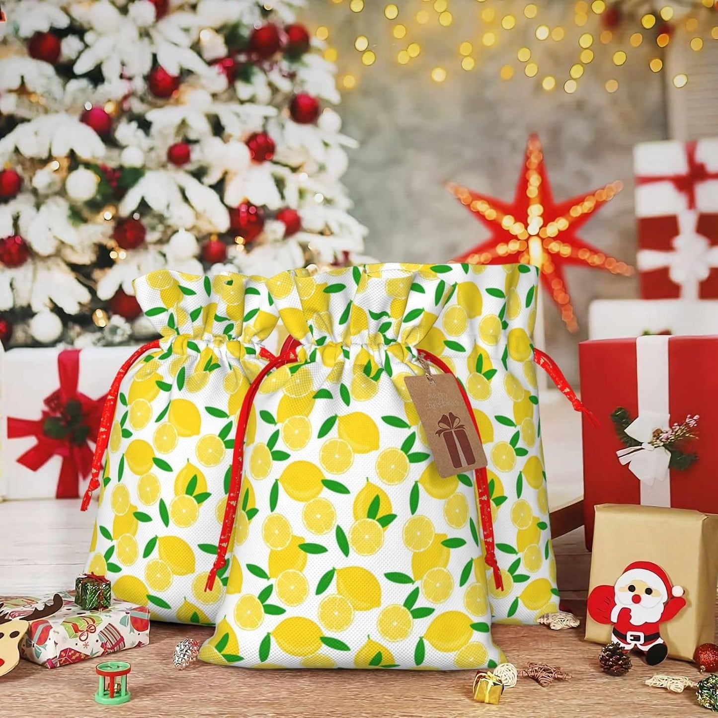 yellow Lemon and leaves Burlap Gifts Bag Reusable Gifts Pouch Drawstring Tote Mini Packaging with Card Fit Holidays Christmas Birthdays