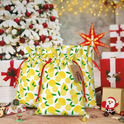 yellow Lemon and leaves Burlap Gifts Bag Reusable Gifts Pouch Drawstring Tote Mini Packaging with Card Fit Holidays Christmas Birthdays