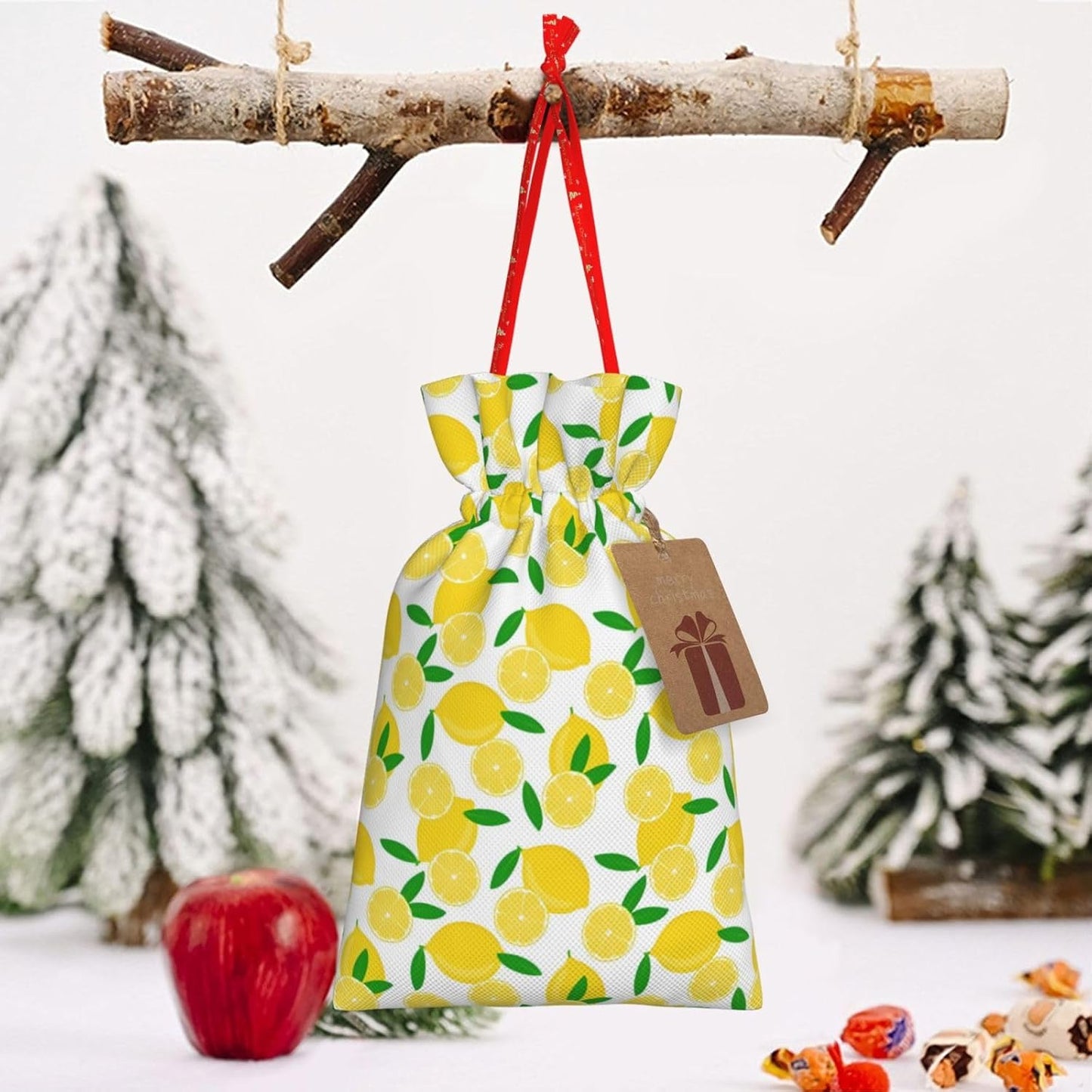 yellow Lemon and leaves Burlap Gifts Bag Reusable Gifts Pouch Drawstring Tote Mini Packaging with Card Fit Holidays Christmas Birthdays