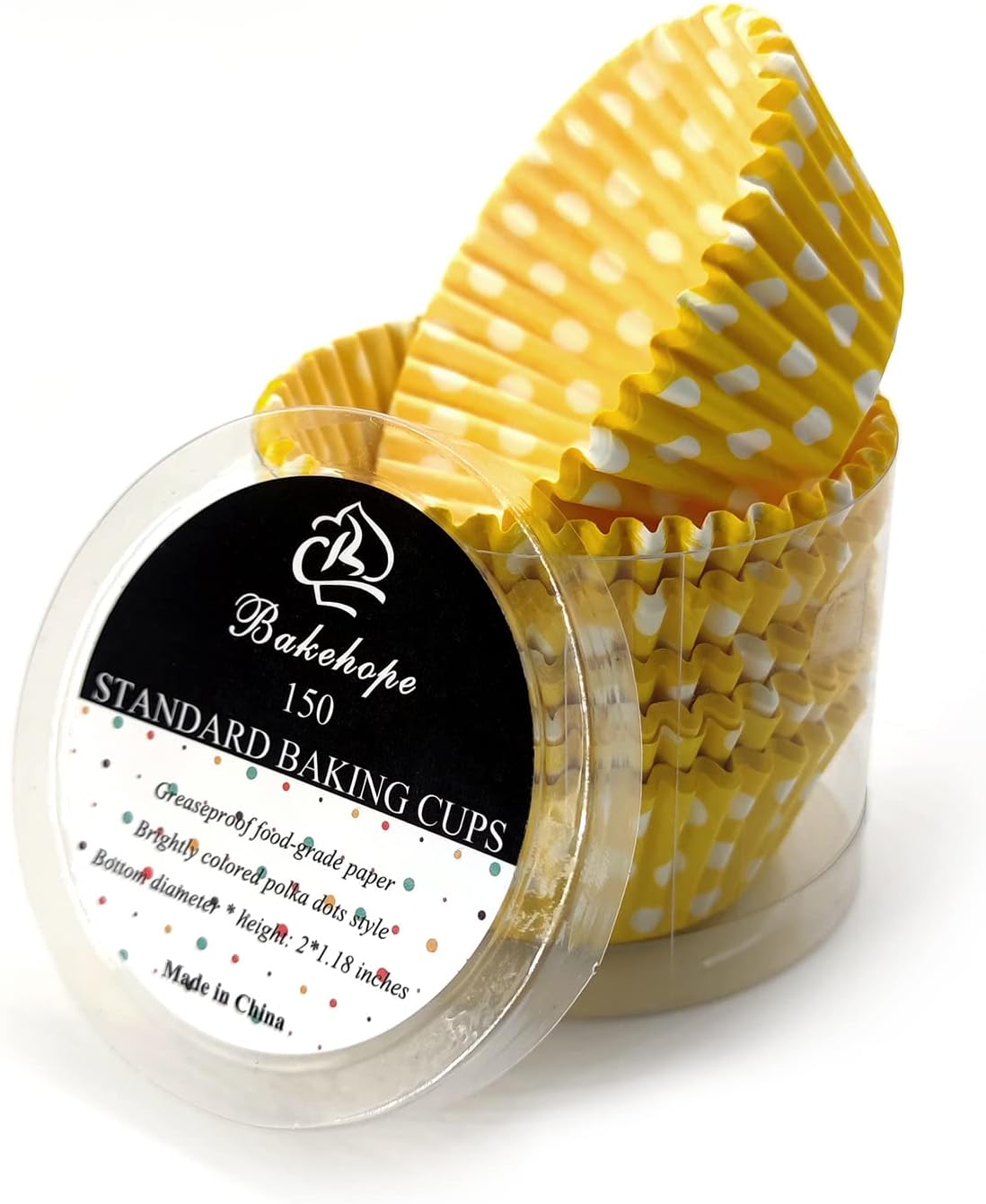 Yellow Standard Baking Cups, Cute Polka Dots Greaseproof Cupcake Liners, 150-Count