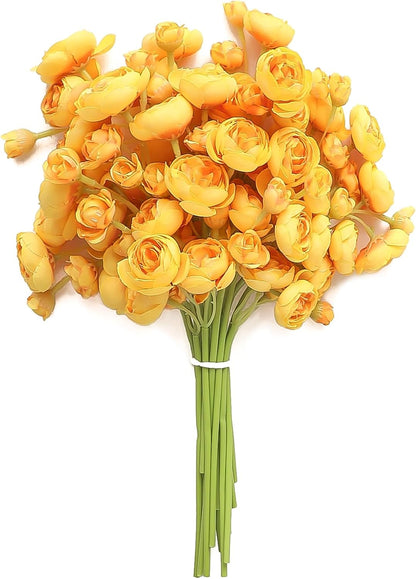 Ranunculus Artificial Flowers 18 Pcs Golden Yellow Faux Silk Mini Ranunculus Bulk Fake Wedding Filler Flowers for DIY Bouquets, Centerpieces, Bridal Shower Decorations & Arrangements
