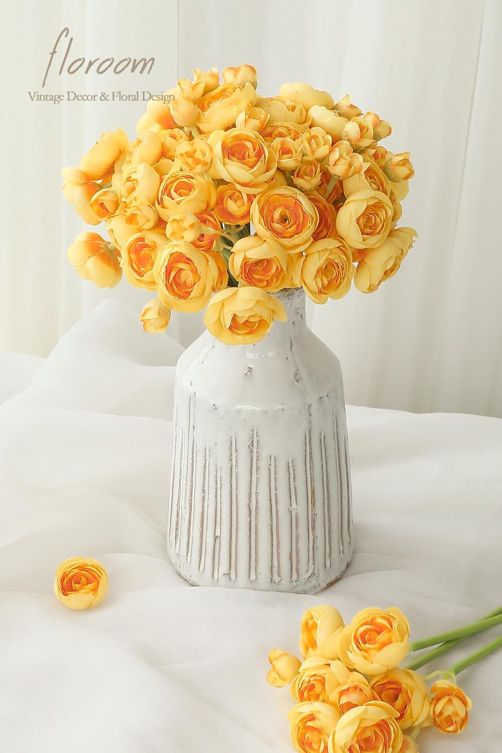 Ranunculus Artificial Flowers 18 Pcs Golden Yellow Faux Silk Mini Ranunculus Bulk Fake Wedding Filler Flowers for DIY Bouquets, Centerpieces, Bridal Shower Decorations & Arrangements