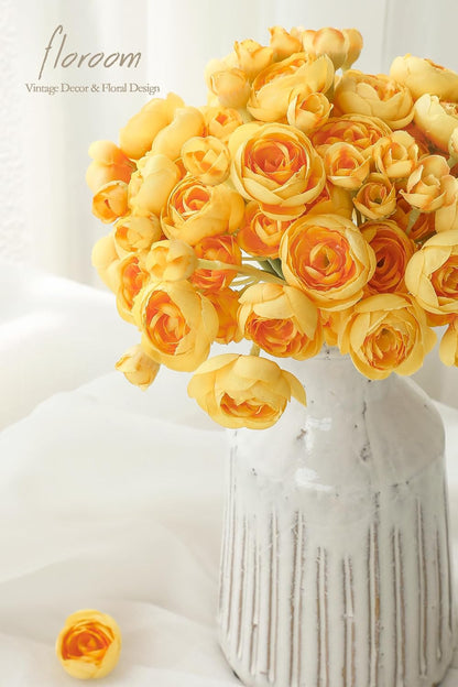 Ranunculus Artificial Flowers 18 Pcs Golden Yellow Faux Silk Mini Ranunculus Bulk Fake Wedding Filler Flowers for DIY Bouquets, Centerpieces, Bridal Shower Decorations & Arrangements