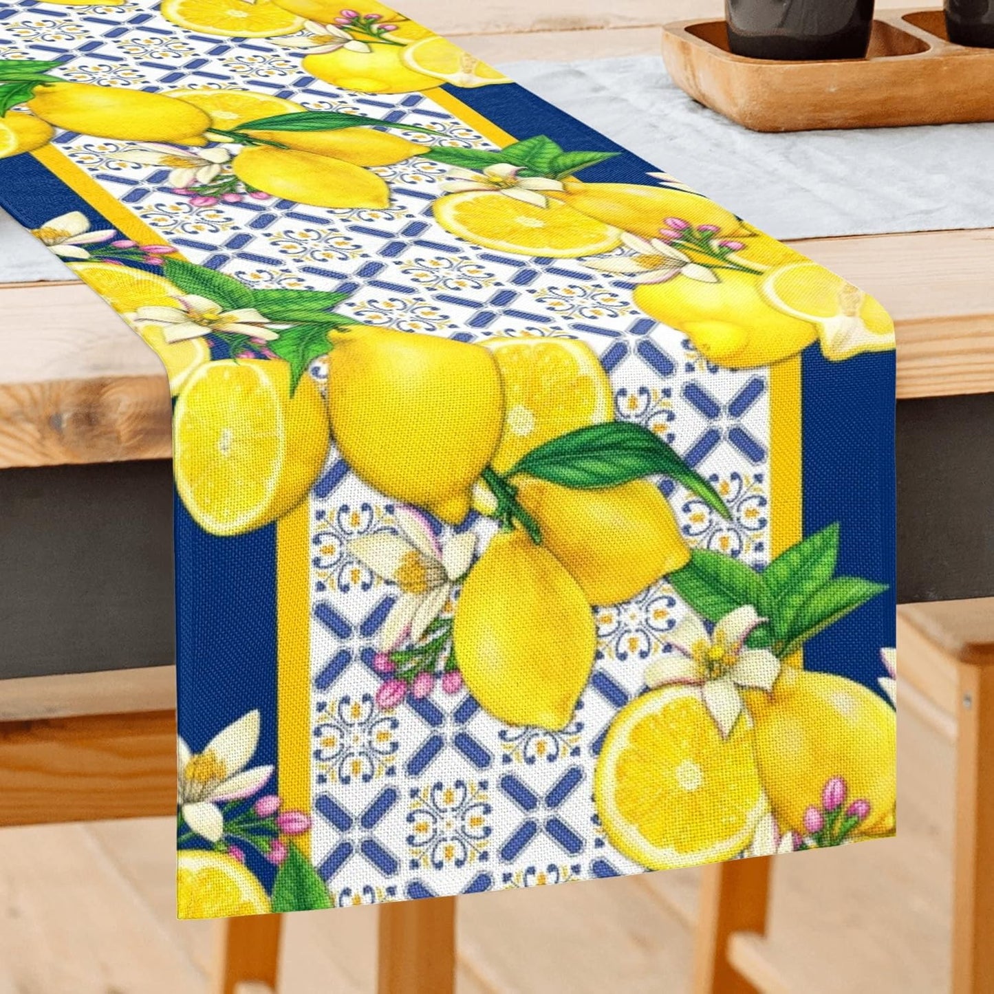 Lemon Table Runner Spring Summer Seasonal Yellow Blue Table Runners Farmhouse Kitchen Dining Table Decoration for Indoor Outdoor Home Decor 13x72 Inch