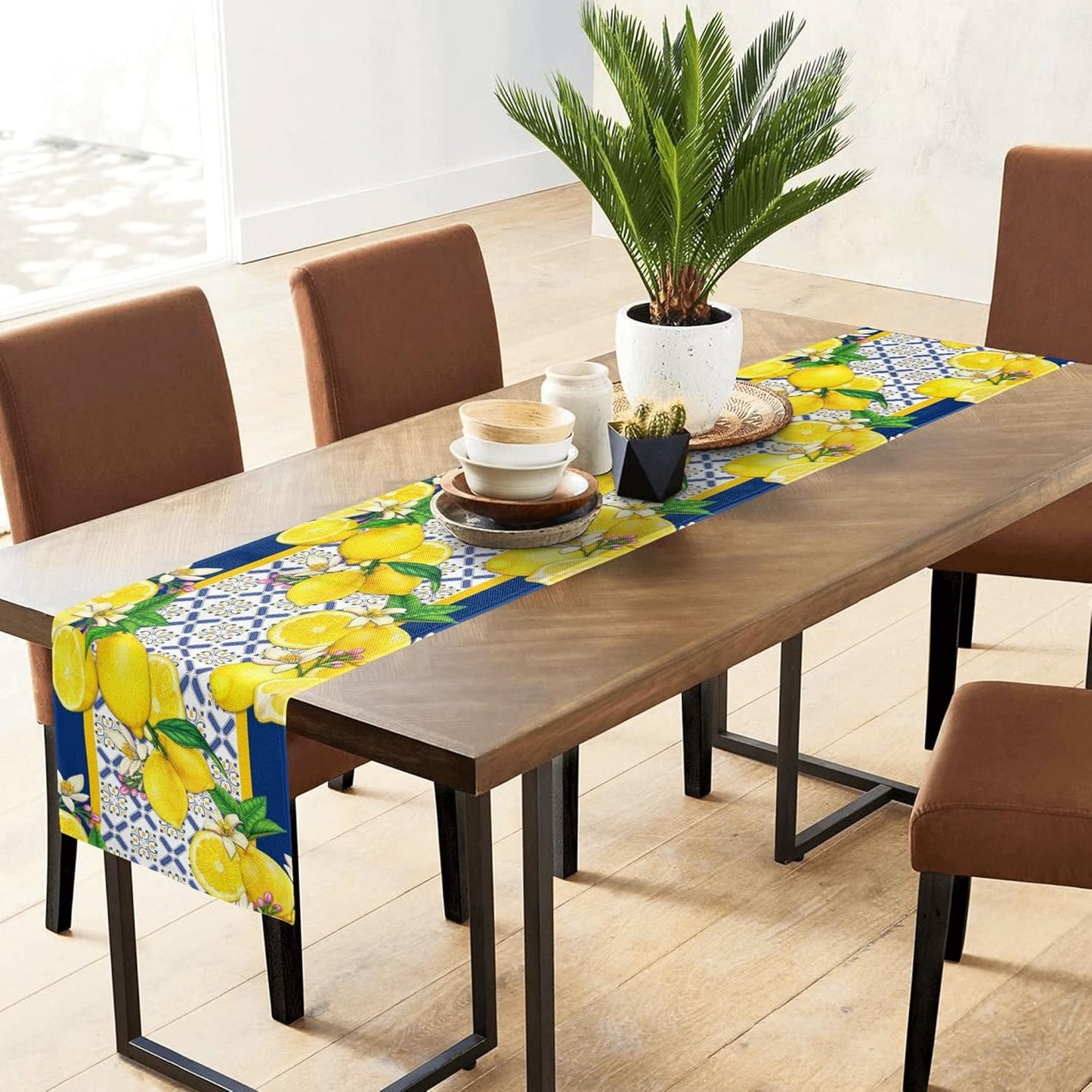 Lemon Table Runner Spring Summer Seasonal Yellow Blue Table Runners Farmhouse Kitchen Dining Table Decoration for Indoor Outdoor Home Decor 13x72 Inch