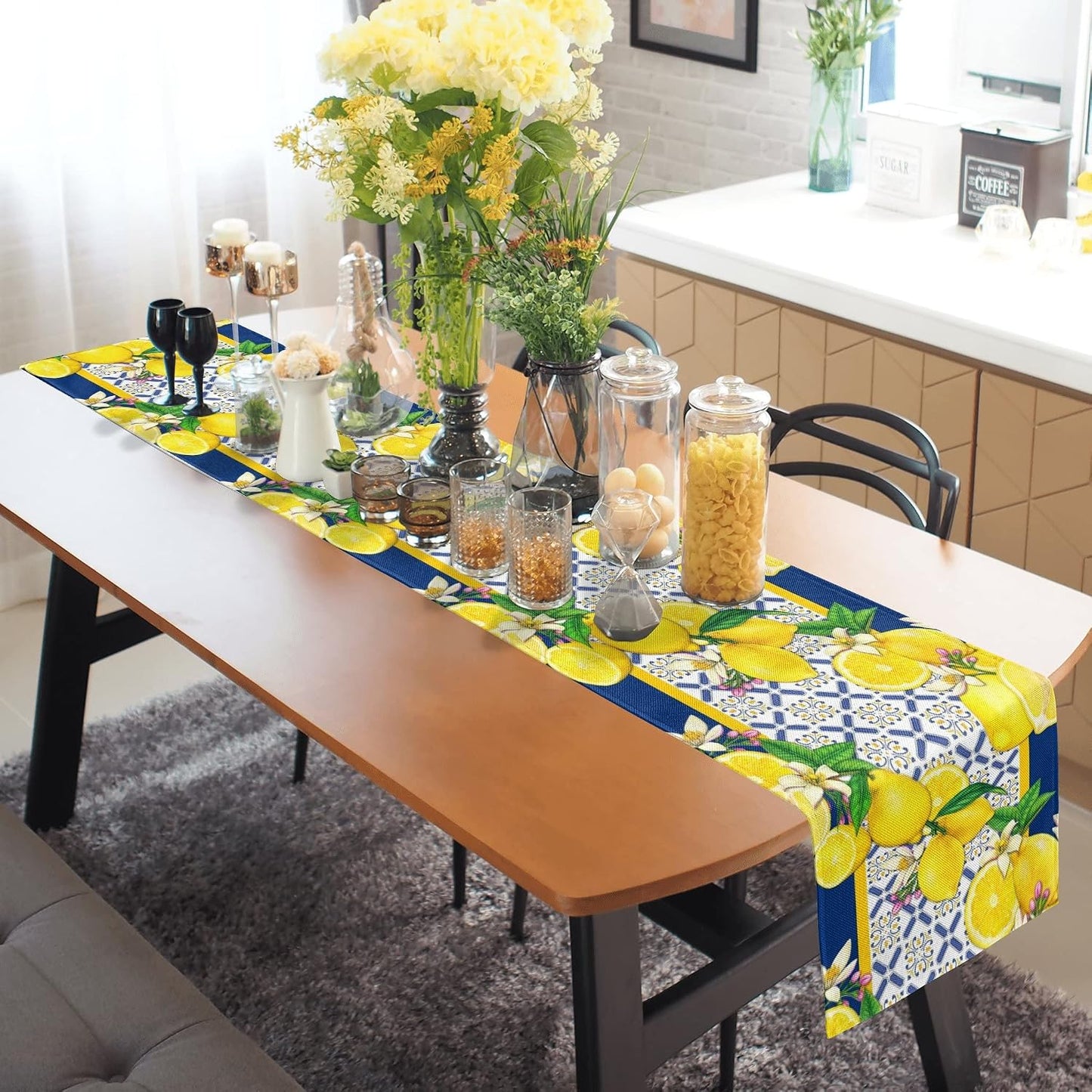Lemon Table Runner Spring Summer Seasonal Yellow Blue Table Runners Farmhouse Kitchen Dining Table Decoration for Indoor Outdoor Home Decor 13x72 Inch
