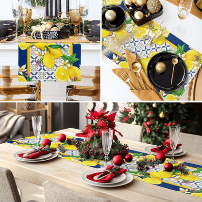 Lemon Table Runner Spring Summer Seasonal Yellow Blue Table Runners Farmhouse Kitchen Dining Table Decoration for Indoor Outdoor Home Decor 13x72 Inch