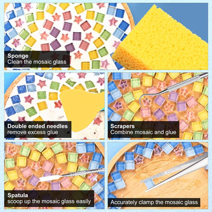 9PCS Mosaic Tools and Supplies Beginners Set Stained Glass Tools | 2 Scrapers, 2 Tweezers, 1 Double-Ended Hook, 1 Spatula, 1 Sponge, 1 Cleaning Cloth, 1 Zippered Waterproof Bag