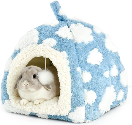 Guinea Pig Hideout Cave Cute Yellow Cloud Warm Fleece Bed for Small Animals Enclosed Bunny Tent Hut with Hanging Toy Washable Pet House for Dwarf Rabbit Chinchilla Ferret (Yellow)