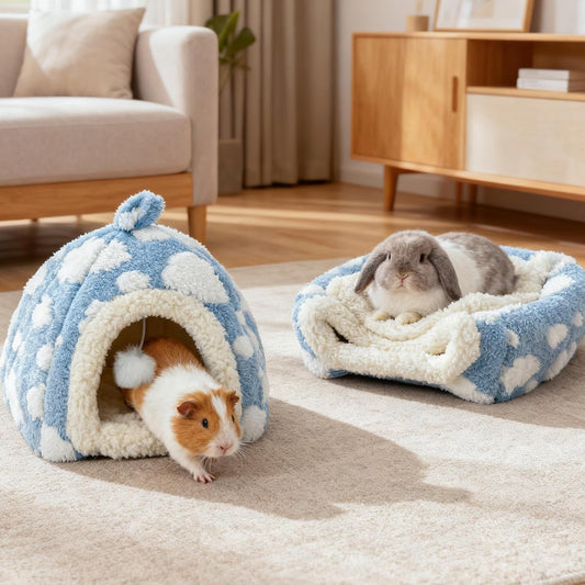 Guinea Pig Hideout Cave Cute Yellow Cloud Warm Fleece Bed for Small Animals Enclosed Bunny Tent Hut with Hanging Toy Washable Pet House for Dwarf Rabbit Chinchilla Ferret (Yellow)