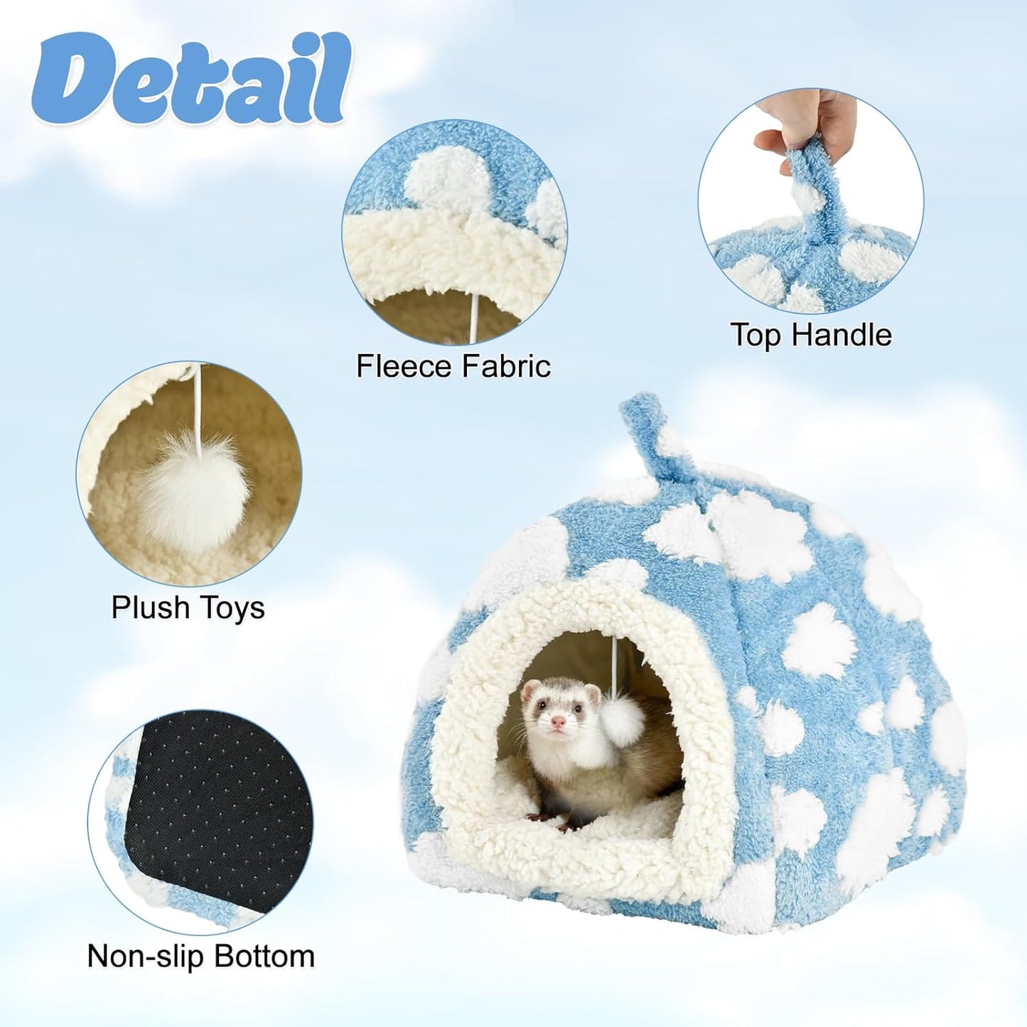 Guinea Pig Hideout Cave Cute Yellow Cloud Warm Fleece Bed for Small Animals Enclosed Bunny Tent Hut with Hanging Toy Washable Pet House for Dwarf Rabbit Chinchilla Ferret (Yellow)