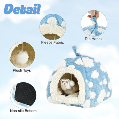 Guinea Pig Hideout Cave Cute Yellow Cloud Warm Fleece Bed for Small Animals Enclosed Bunny Tent Hut with Hanging Toy Washable Pet House for Dwarf Rabbit Chinchilla Ferret (Yellow)
