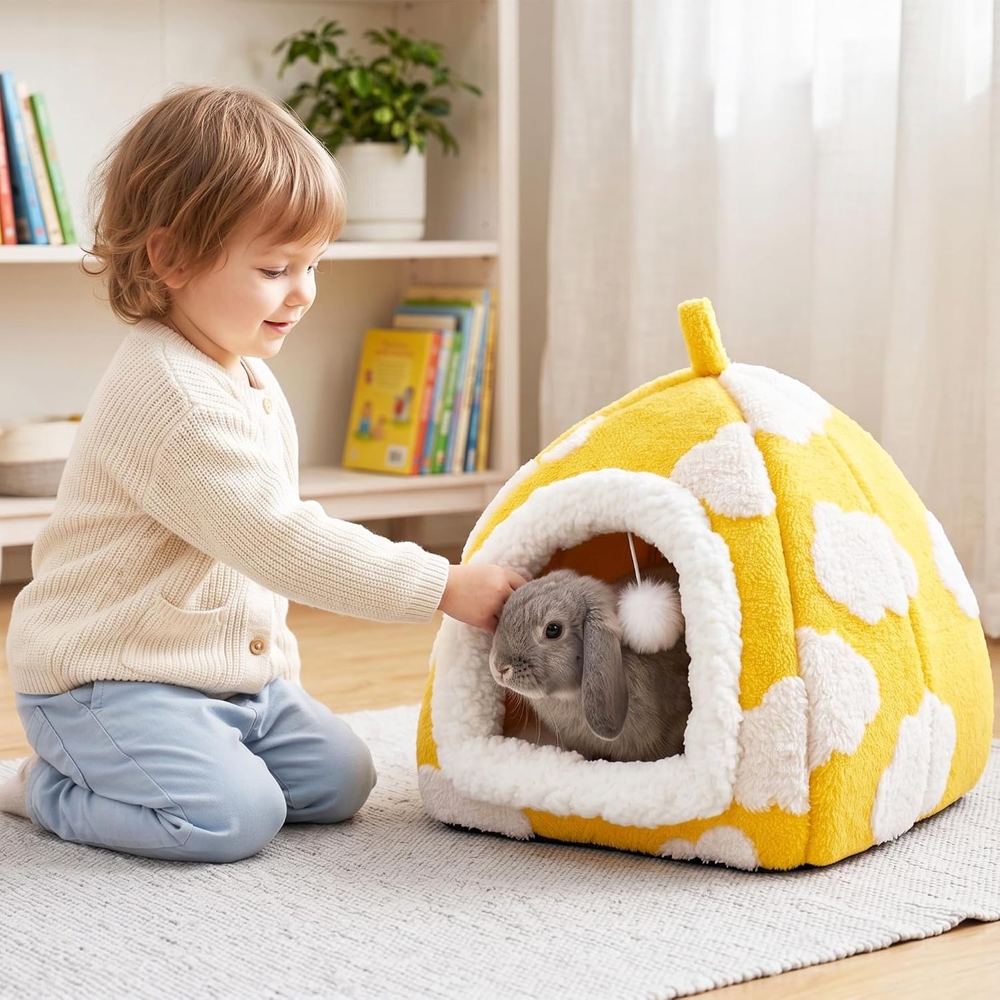 Guinea Pig Hideout Cave Cute Yellow Cloud Warm Fleece Bed for Small Animals Enclosed Bunny Tent Hut with Hanging Toy Washable Pet House for Dwarf Rabbit Chinchilla Ferret (Yellow)
