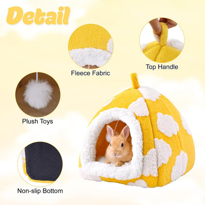 Guinea Pig Hideout Cave Cute Yellow Cloud Warm Fleece Bed for Small Animals Enclosed Bunny Tent Hut with Hanging Toy Washable Pet House for Dwarf Rabbit Chinchilla Ferret (Yellow)