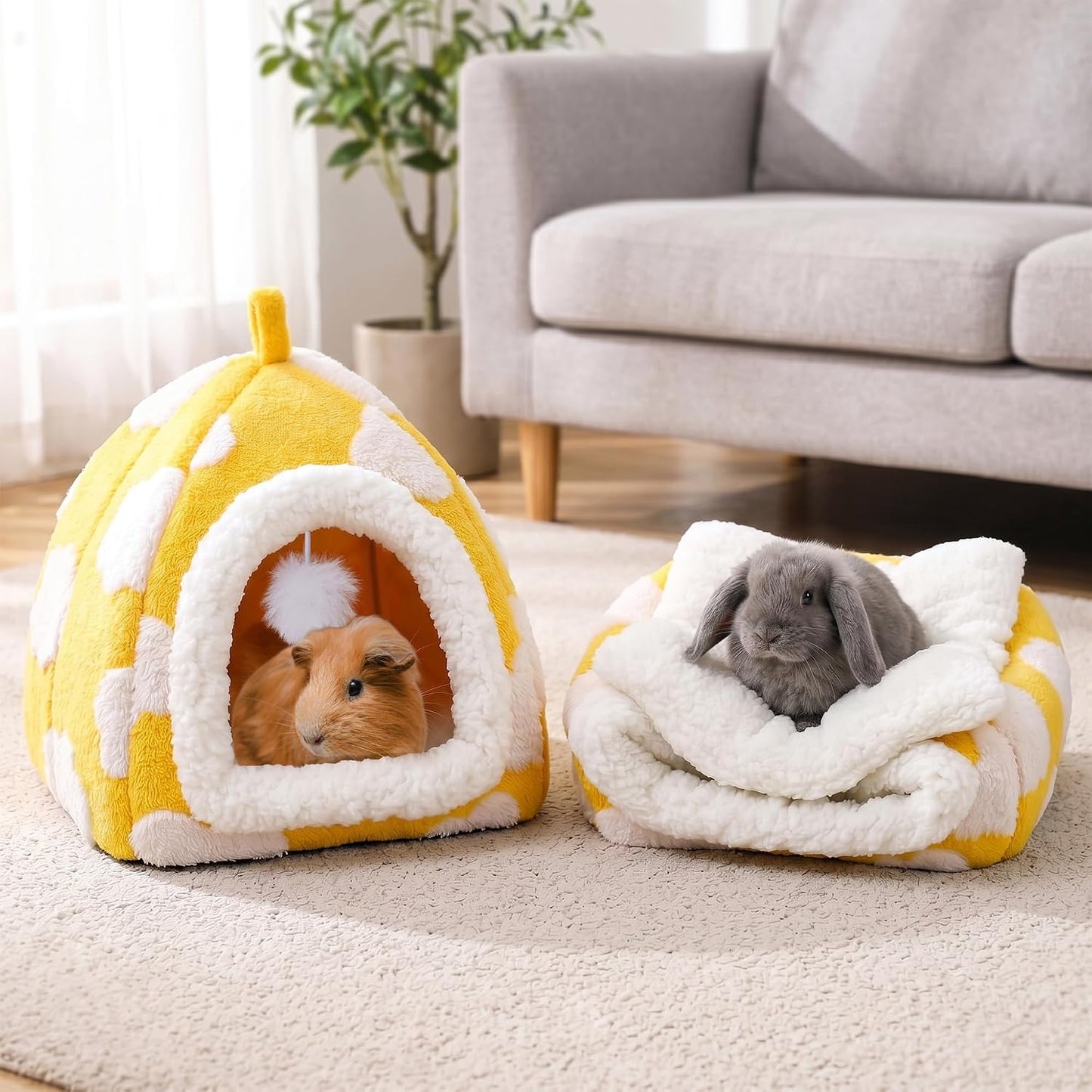 Guinea Pig Hideout Cave Cute Yellow Cloud Warm Fleece Bed for Small Animals Enclosed Bunny Tent Hut with Hanging Toy Washable Pet House for Dwarf Rabbit Chinchilla Ferret (Yellow)