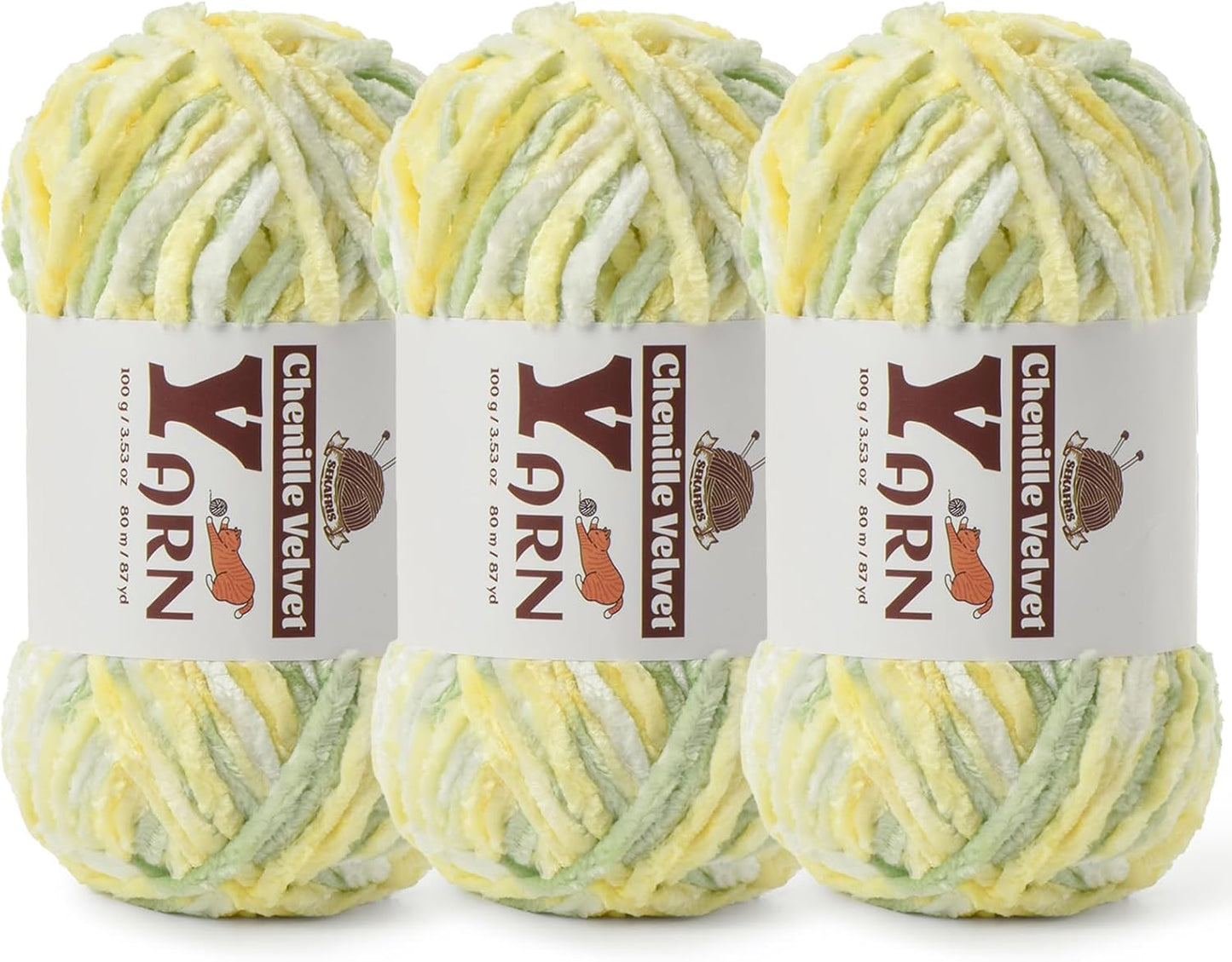 Chenille Crochet Greenish Yellow Yarn 3 Pack | Fluffy Velvet Yarn Blanket Knitting Yarn for Crocheting Soft Baby Yarn