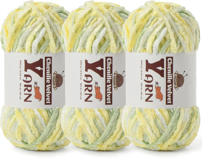 Chenille Crochet Greenish Yellow Yarn 3 Pack | Fluffy Velvet Yarn Blanket Knitting Yarn for Crocheting Soft Baby Yarn