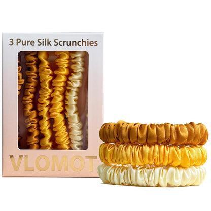 3 Pcs Set 100% Pure Mulberry Silk Hair Scrunchies (Yellow) | Silk Hair Ties for Thin Hair with 3 Chic Colors Everyday Skinny Scrunchies Silk Ponytail Holders Hair Care No Damage
