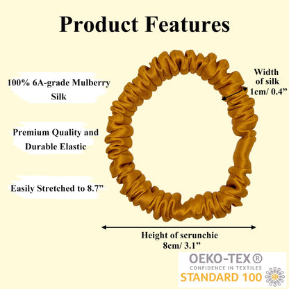 3 Pcs Set 100% Pure Mulberry Silk Hair Scrunchies (Yellow) | Silk Hair Ties for Thin Hair with 3 Chic Colors Everyday Skinny Scrunchies Silk Ponytail Holders Hair Care No Damage