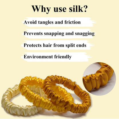 3 Pcs Set 100% Pure Mulberry Silk Hair Scrunchies (Yellow) | Silk Hair Ties for Thin Hair with 3 Chic Colors Everyday Skinny Scrunchies Silk Ponytail Holders Hair Care No Damage