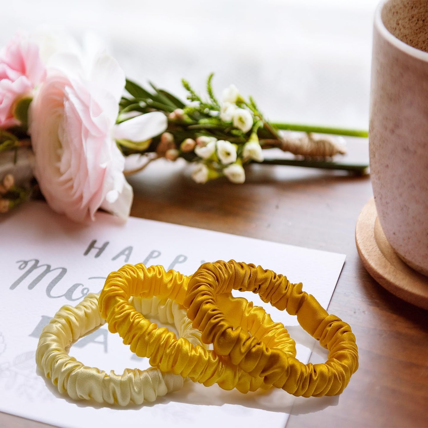 3 Pcs Set 100% Pure Mulberry Silk Hair Scrunchies (Yellow) | Silk Hair Ties for Thin Hair with 3 Chic Colors Everyday Skinny Scrunchies Silk Ponytail Holders Hair Care No Damage