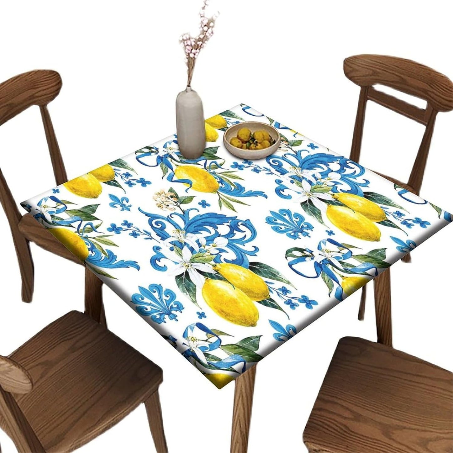Elastic Edge Square Fitted Tablecloth, Lemons Pattern Printed on Stain Resistant Polyester Table Cover, for Holiday Family Banquet and Patio Use, Fit for 30" x 30"Square Table