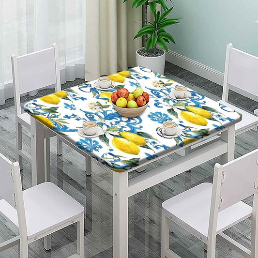 Elastic Edge Square Fitted Tablecloth, Lemons Pattern Printed on Stain Resistant Polyester Table Cover, for Holiday Family Banquet and Patio Use, Fit for 30" x 30"Square Table