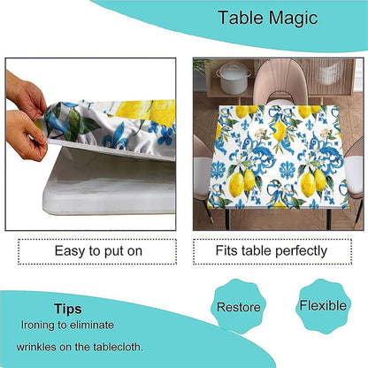 Elastic Edge Square Fitted Tablecloth, Lemons Pattern Printed on Stain Resistant Polyester Table Cover, for Holiday Family Banquet and Patio Use, Fit for 30" x 30"Square Table