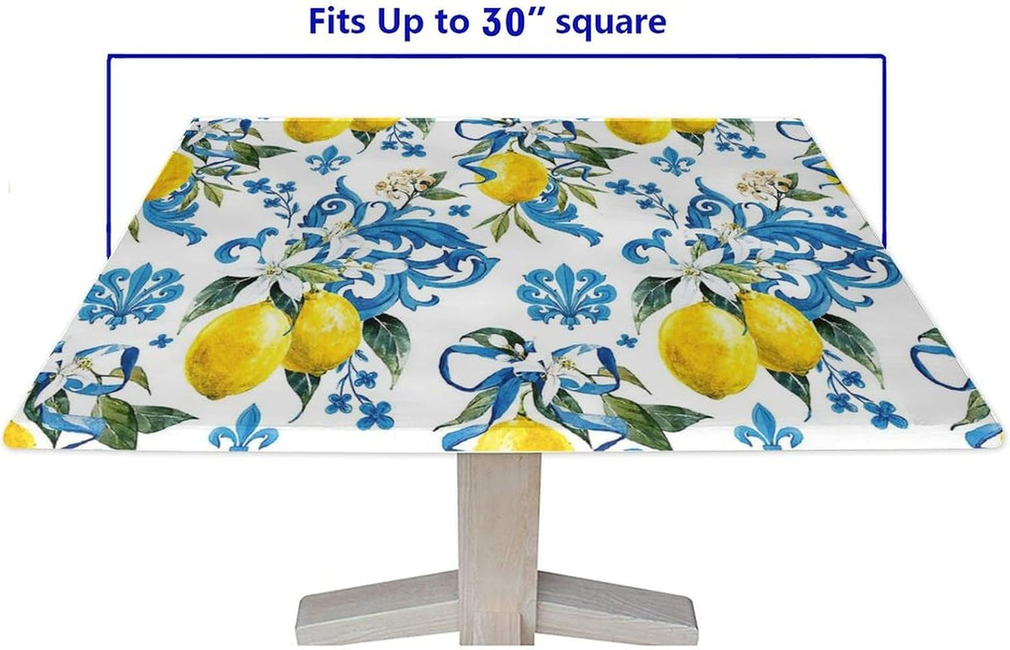 Elastic Edge Square Fitted Tablecloth, Lemons Pattern Printed on Stain Resistant Polyester Table Cover, for Holiday Family Banquet and Patio Use, Fit for 30" x 30"Square Table