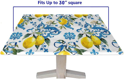 Elastic Edge Square Fitted Tablecloth, Lemons Pattern Printed on Stain Resistant Polyester Table Cover, for Holiday Family Banquet and Patio Use, Fit for 30" x 30"Square Table
