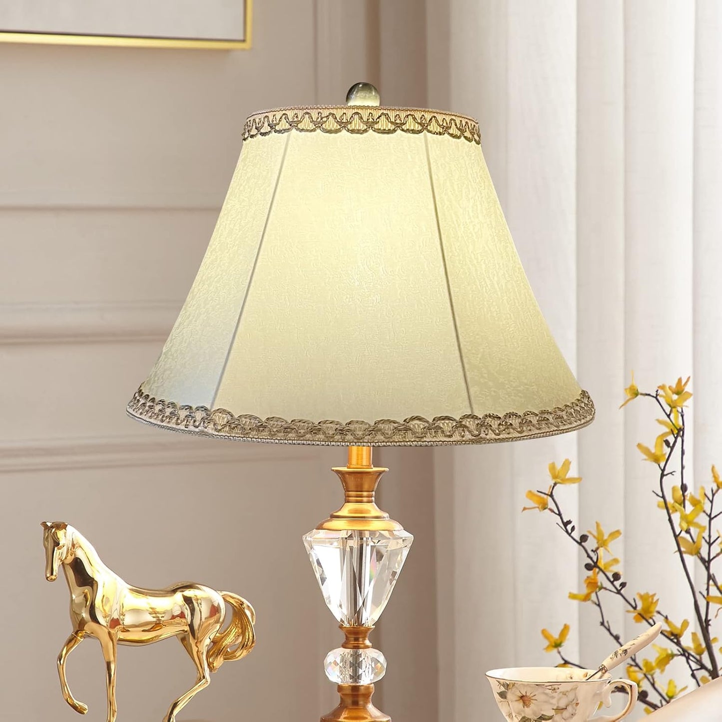 Beige bell lamp shade, 8.75" top x 17.75" bottom x 11" straight height spider shade for Floor Light and Table Lamp, bohemian style decorative light yellow floral pattern