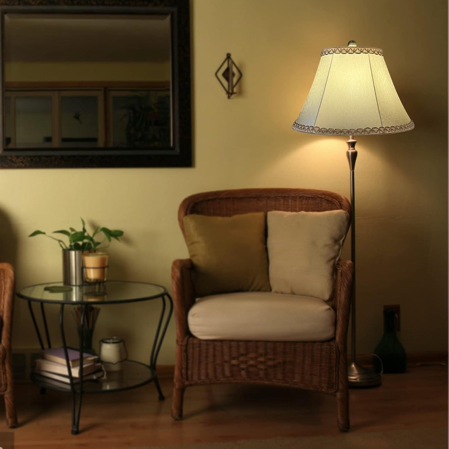 Beige bell lamp shade, 8.75" top x 17.75" bottom x 11" straight height spider shade for Floor Light and Table Lamp, bohemian style decorative light yellow floral pattern