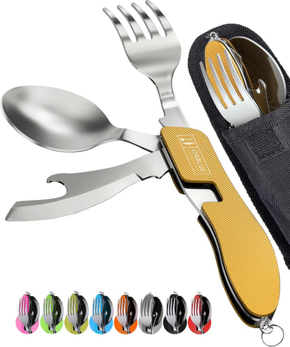 4-in-1 Camping Eating Utensils, 2-Pack - Portable Spoon, Fork, Knife & Bottle Opener Combo Set - Stainless Steel Flatware with Detachable Fork - Travel, Backpacking Cutlery Multitool, Yellow