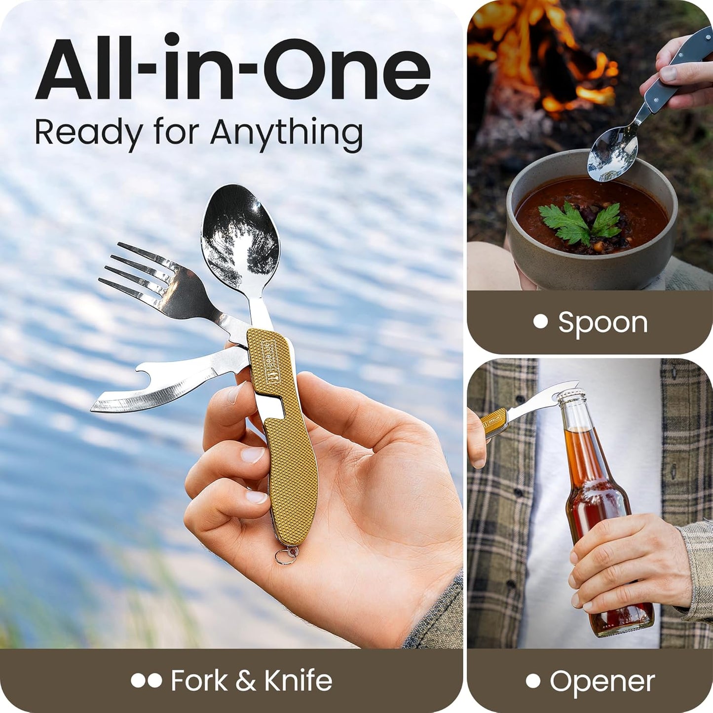 4-in-1 Camping Eating Utensils, 2-Pack - Portable Spoon, Fork, Knife & Bottle Opener Combo Set - Stainless Steel Flatware with Detachable Fork - Travel, Backpacking Cutlery Multitool, Yellow
