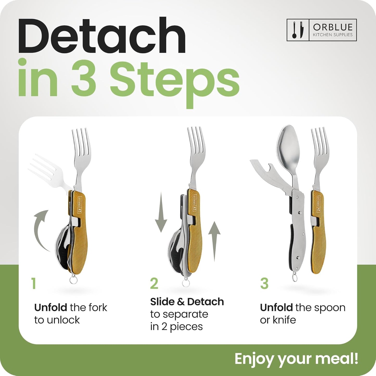 4-in-1 Camping Eating Utensils, 2-Pack - Portable Spoon, Fork, Knife & Bottle Opener Combo Set - Stainless Steel Flatware with Detachable Fork - Travel, Backpacking Cutlery Multitool, Yellow