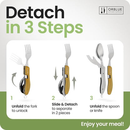 4-in-1 Camping Eating Utensils, 2-Pack - Portable Spoon, Fork, Knife & Bottle Opener Combo Set - Stainless Steel Flatware with Detachable Fork - Travel, Backpacking Cutlery Multitool, Yellow