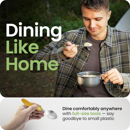 4-in-1 Camping Eating Utensils, 2-Pack - Portable Spoon, Fork, Knife & Bottle Opener Combo Set - Stainless Steel Flatware with Detachable Fork - Travel, Backpacking Cutlery Multitool, Yellow