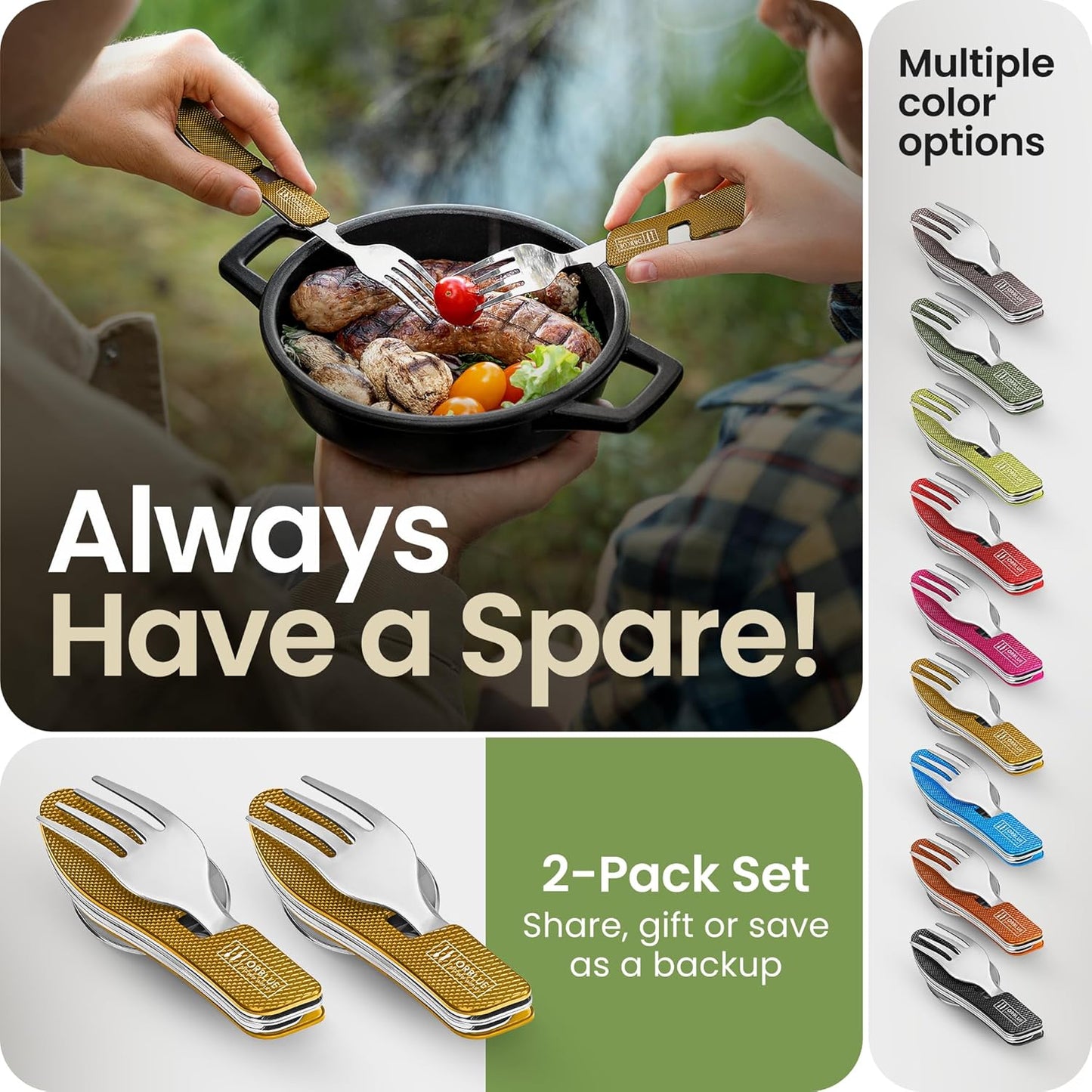 4-in-1 Camping Eating Utensils, 2-Pack - Portable Spoon, Fork, Knife & Bottle Opener Combo Set - Stainless Steel Flatware with Detachable Fork - Travel, Backpacking Cutlery Multitool, Yellow