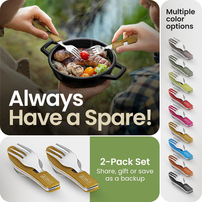 4-in-1 Camping Eating Utensils, 2-Pack - Portable Spoon, Fork, Knife & Bottle Opener Combo Set - Stainless Steel Flatware with Detachable Fork - Travel, Backpacking Cutlery Multitool, Yellow