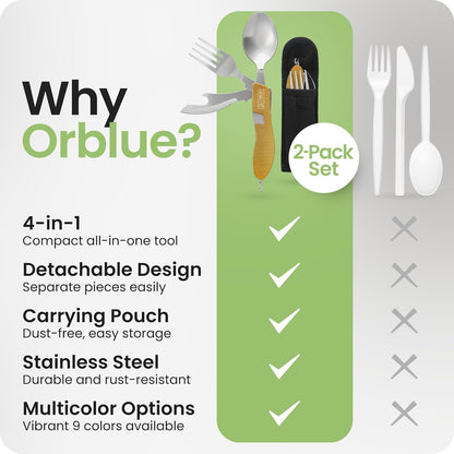 4-in-1 Camping Eating Utensils, 2-Pack - Portable Spoon, Fork, Knife & Bottle Opener Combo Set - Stainless Steel Flatware with Detachable Fork - Travel, Backpacking Cutlery Multitool, Yellow