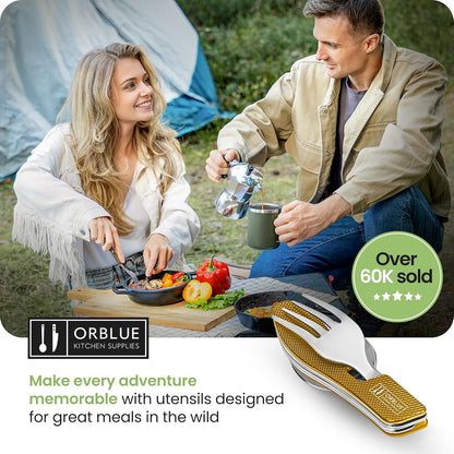 4-in-1 Camping Eating Utensils, 2-Pack - Portable Spoon, Fork, Knife & Bottle Opener Combo Set - Stainless Steel Flatware with Detachable Fork - Travel, Backpacking Cutlery Multitool, Yellow