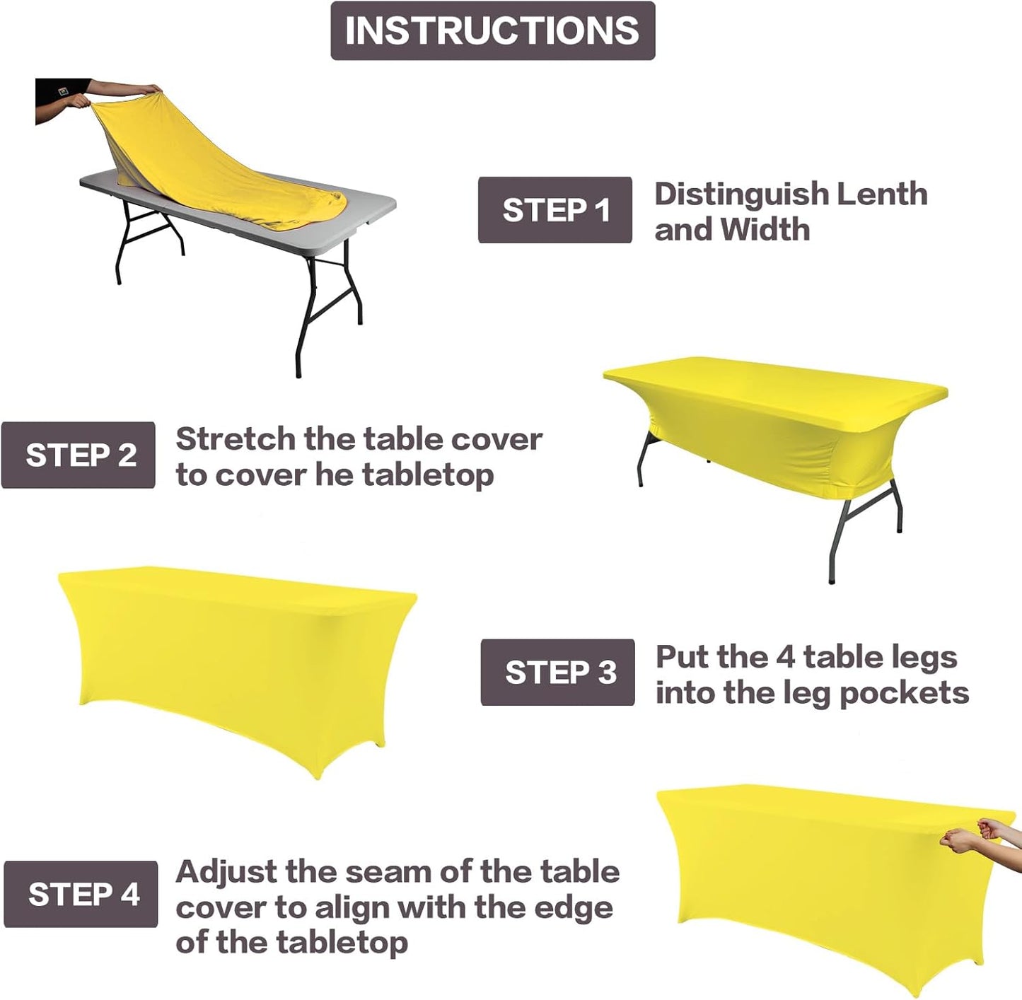 2 Pack 6FT Table Cloth for Rectangular Fitted Events Stretch Yellow Table Covers Washable Spandex Tablecloth Protector for Party, Wedding, Cocktail, Banquet, Festival