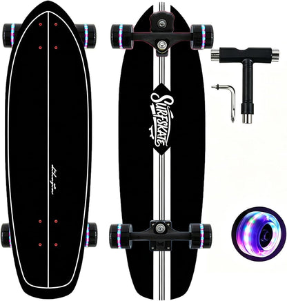 Surf Skateboards 30" x 9.5" Youth Surfskate Cruiser Surf-Like for Beginners Double Kick Deck Girls or Boys Kids Complete Skateboard