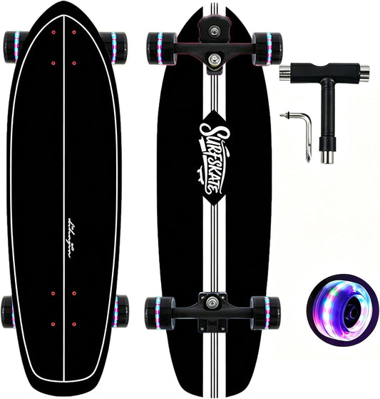 Surf Skateboards 30" x 9.5" Youth Surfskate Cruiser Surf-Like for Beginners Double Kick Deck Girls or Boys Kids Complete Skateboard
